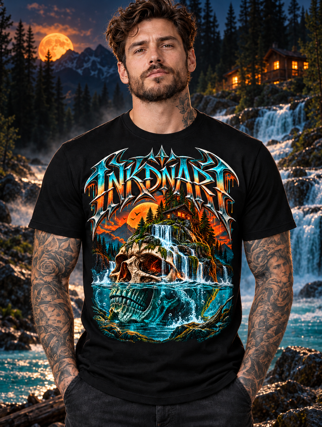 Waterfall Skull Shrine graphic tee worn by a model by a waterfall at sunset – original INKDnART artwork made in Findlay, Ohio