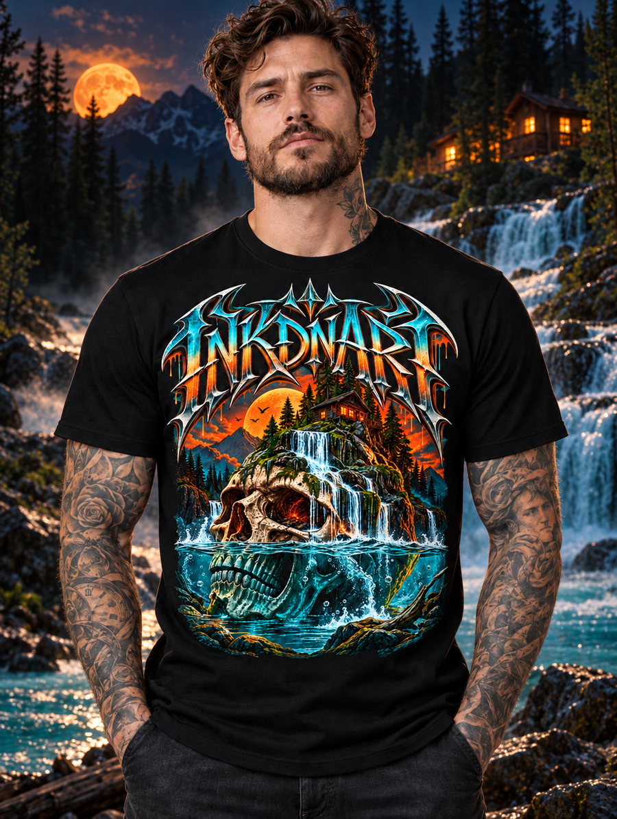 Waterfall Skull Shrine graphic tee worn by model by a moonlit forest waterfall – INKDnART new drops