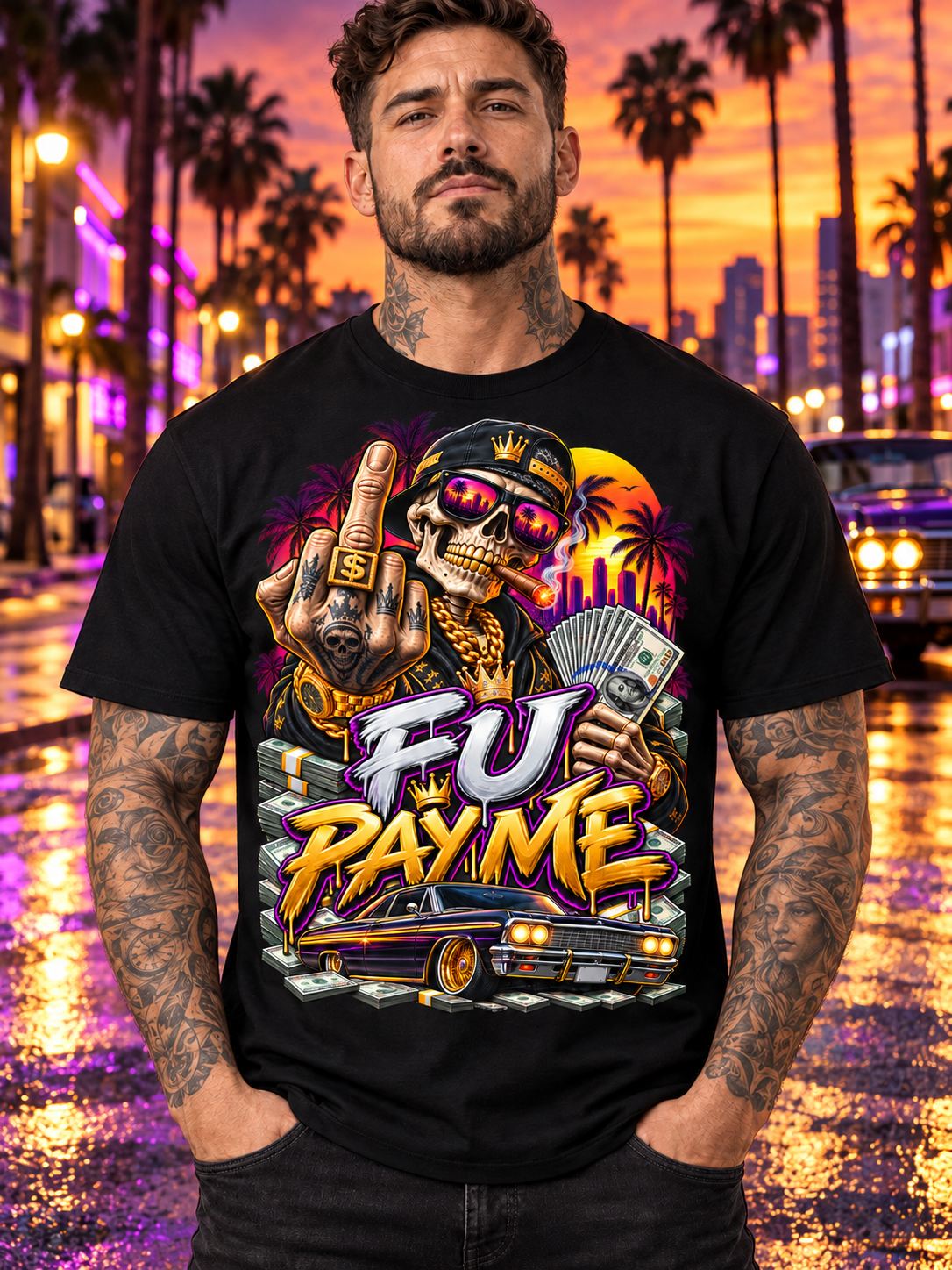 Pay Me statement graphic tee worn by model on a neon palm-tree street – INKDnART loud attitude tees