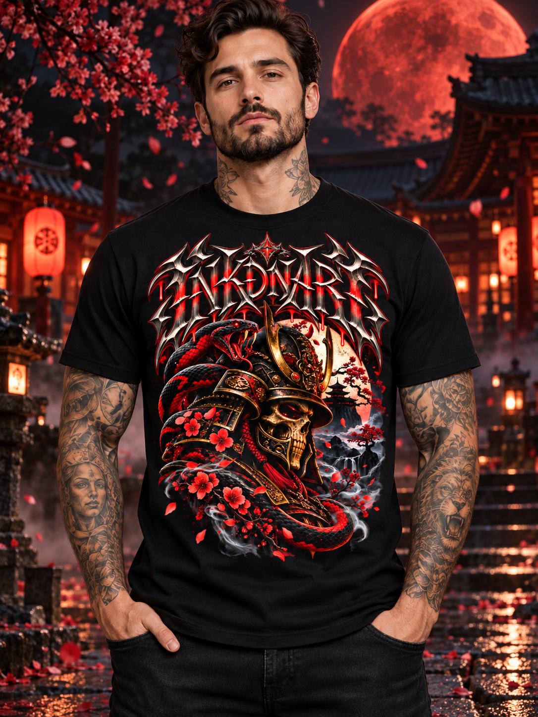 Red Samurai skull warrior graphic tee worn by model under a red moon – INKDnART dark art and horror tees