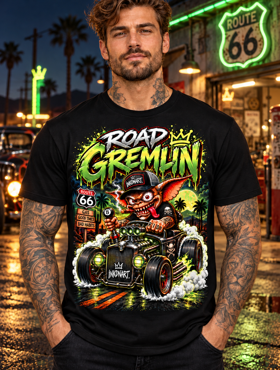 Road Gremlin hot rod graphic tee worn by model on a Route 66 street at night – INKDnART road and rebellion tees