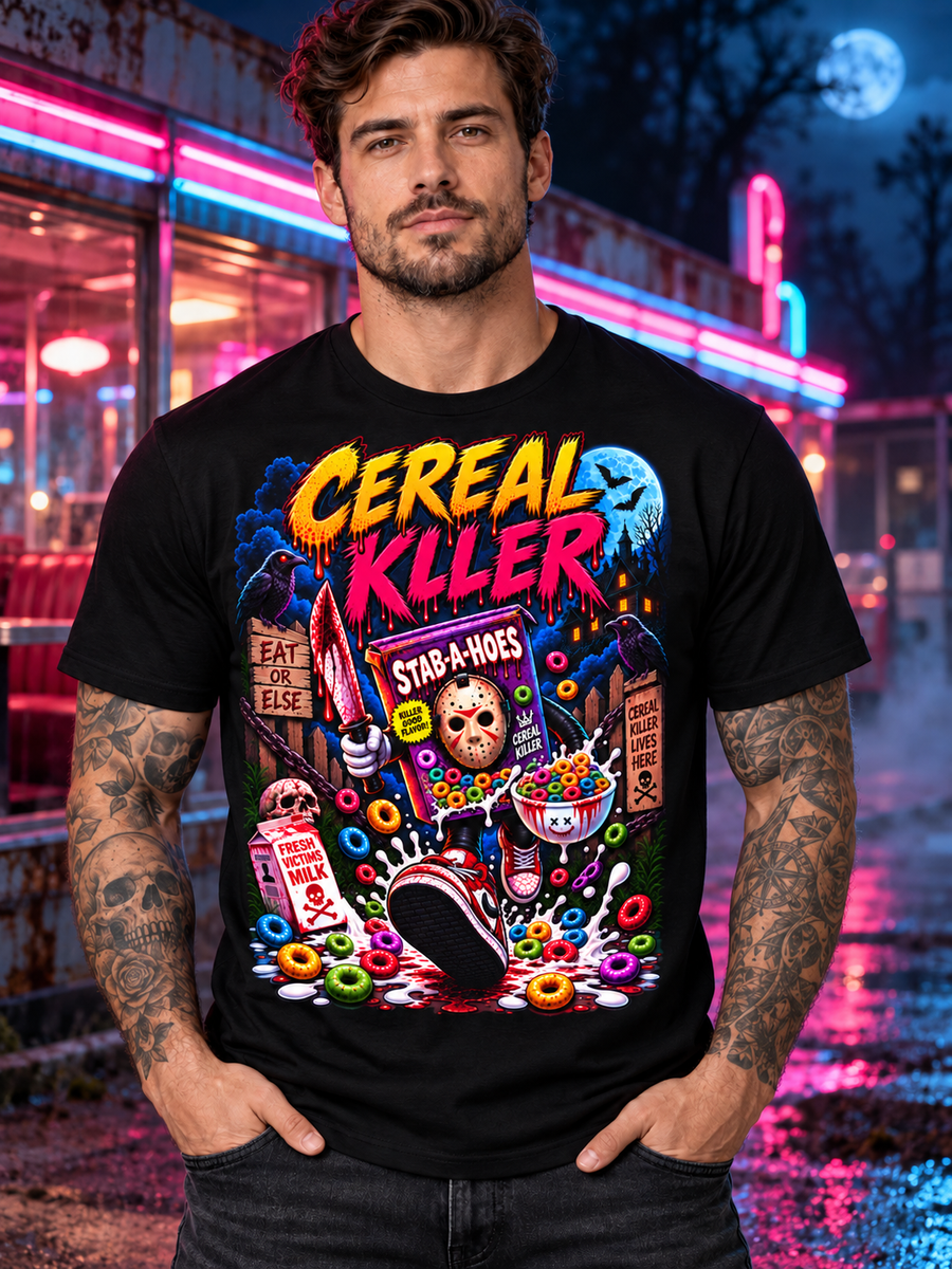 Cereal Killer horror cereal graphic tee worn by model on a neon street – INKDnART dark humor tees