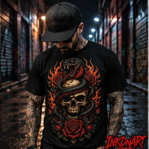 Flame Serpent Skull graphic tee worn by model in a city alley – shop all INKDnART graphic tees and patch hats