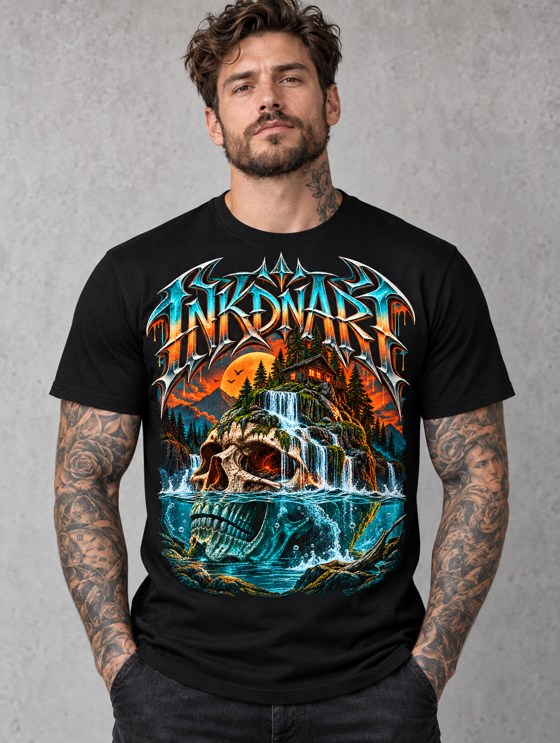 Waterfall Skull Shrine Tee – gothic waterfall skull shrine graphic tee, front model mockup on gray background