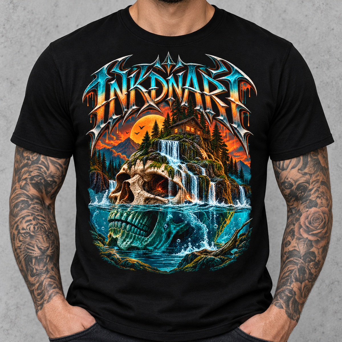 Waterfall Skull Shrine Tee – gothic waterfall skull shrine graphic tee, print on model, torso view