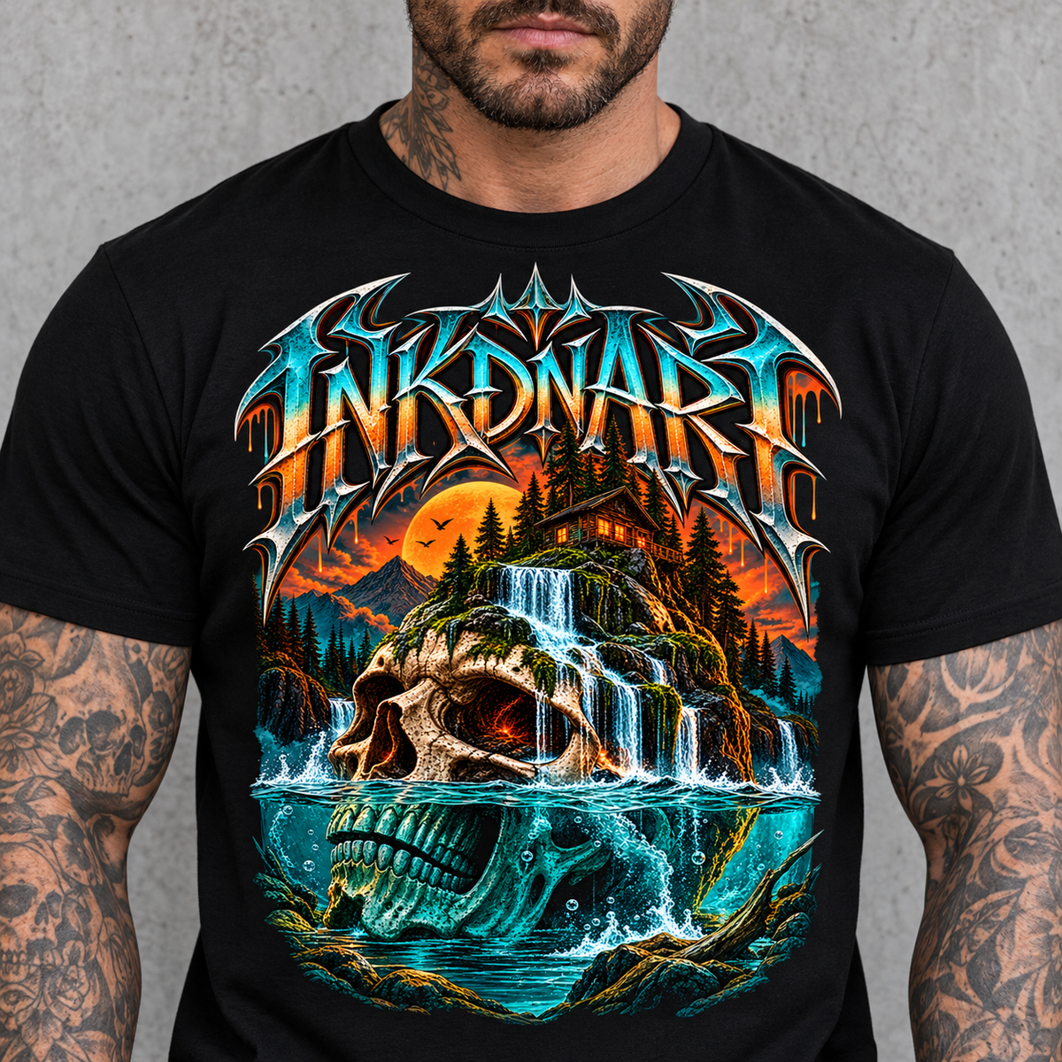 Waterfall Skull Shrine Tee – gothic waterfall skull shrine graphic tee, print on model, upper torso detail