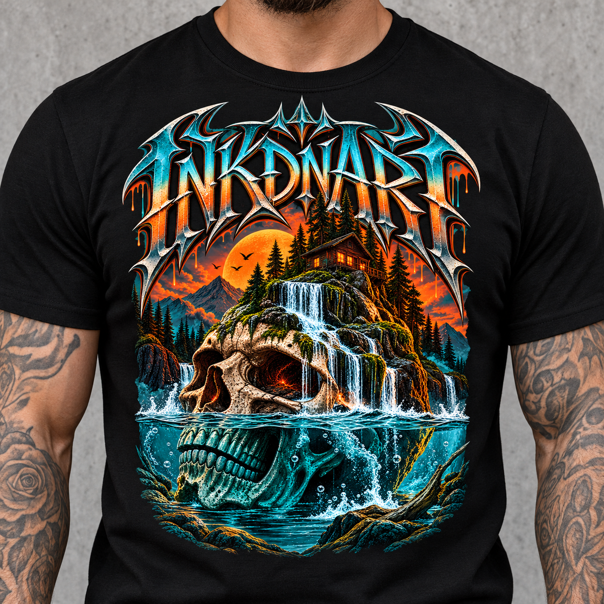 Waterfall Skull Shrine Tee – gothic waterfall skull shrine graphic tee, print close-up