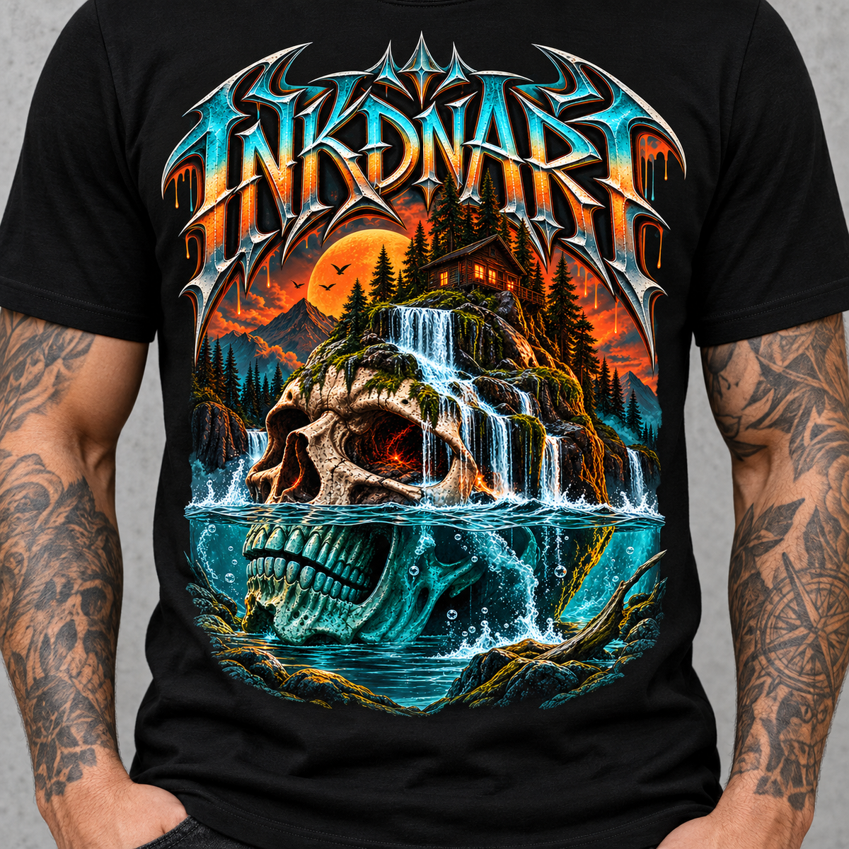 Waterfall Skull Shrine Tee – gothic waterfall skull shrine graphic tee, lower print detail