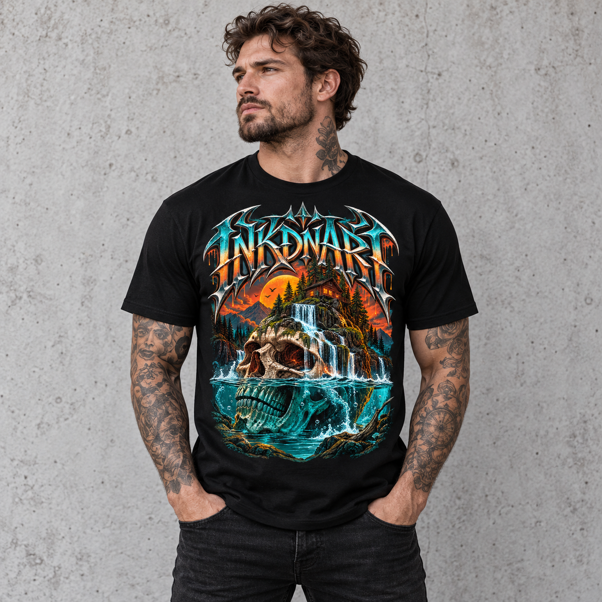 Waterfall Skull Shrine Tee – gothic waterfall skull shrine graphic tee, full model view on gray background
