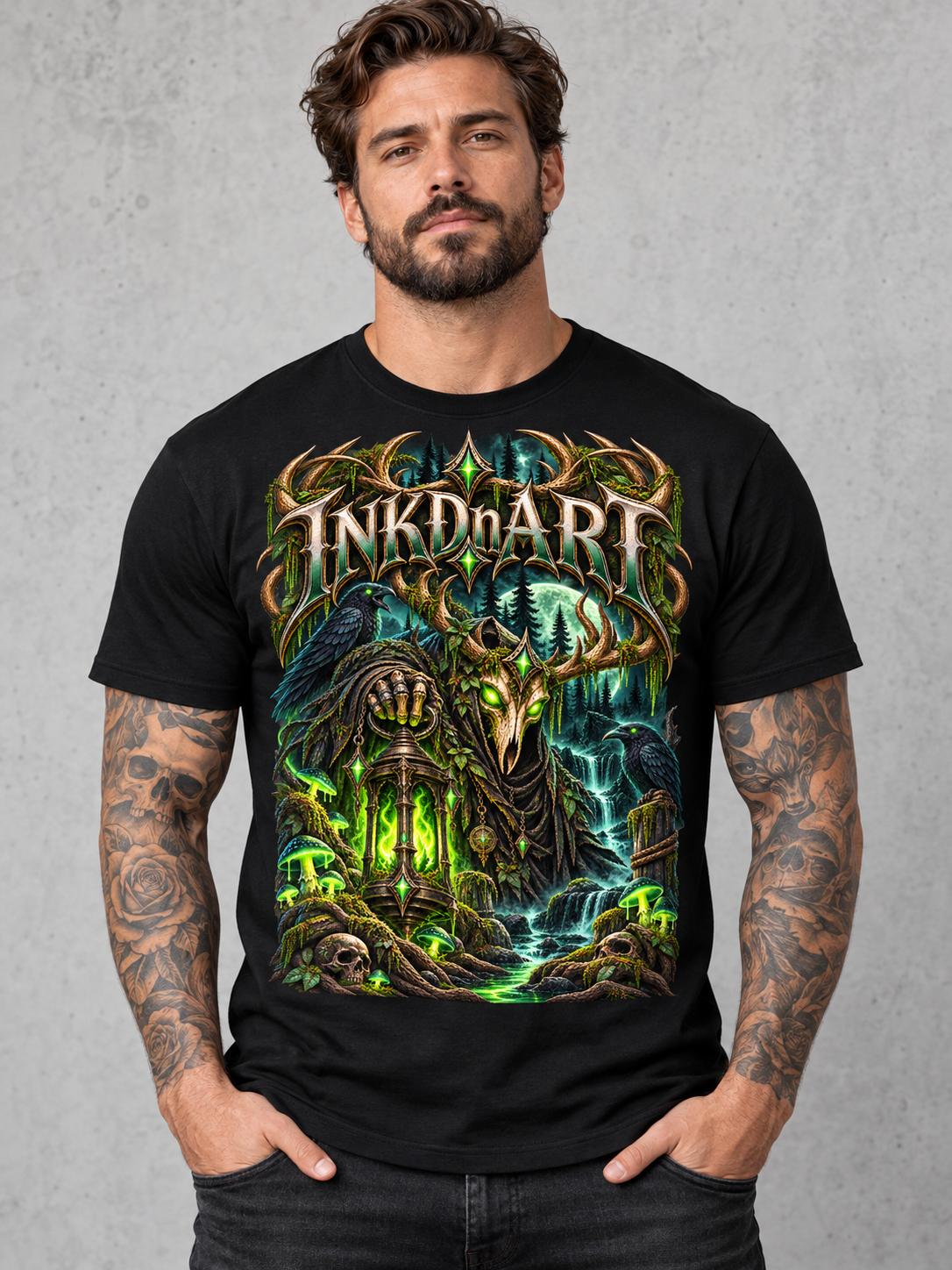 Neon Green Stag Shrine Tee – neon green stag shrine graphic tee, front model mockup on gray background