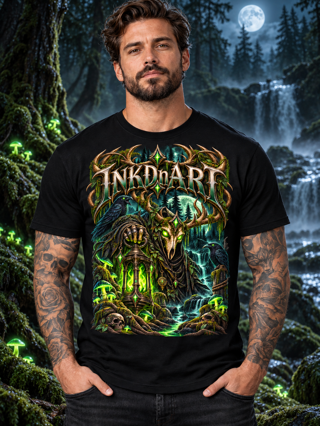 Neon Green Stag Shrine Tee – neon green stag shrine graphic tee, worn by model by a moonlit forest waterfall
