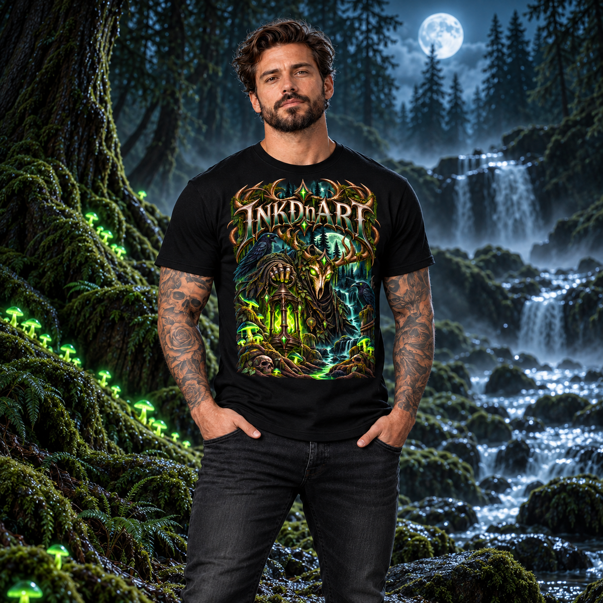 Neon Green Stag Shrine Tee – neon green stag shrine graphic tee, wide lifestyle view by a moonlit forest waterfall