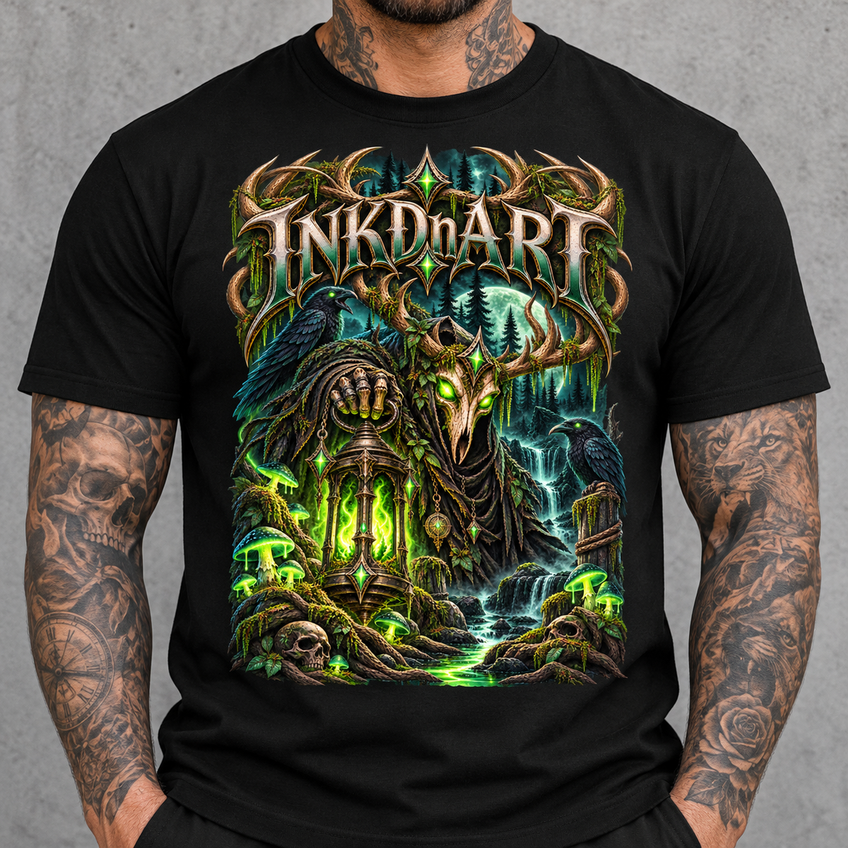 Neon Green Stag Shrine Tee – neon green stag shrine graphic tee, print on model, torso view