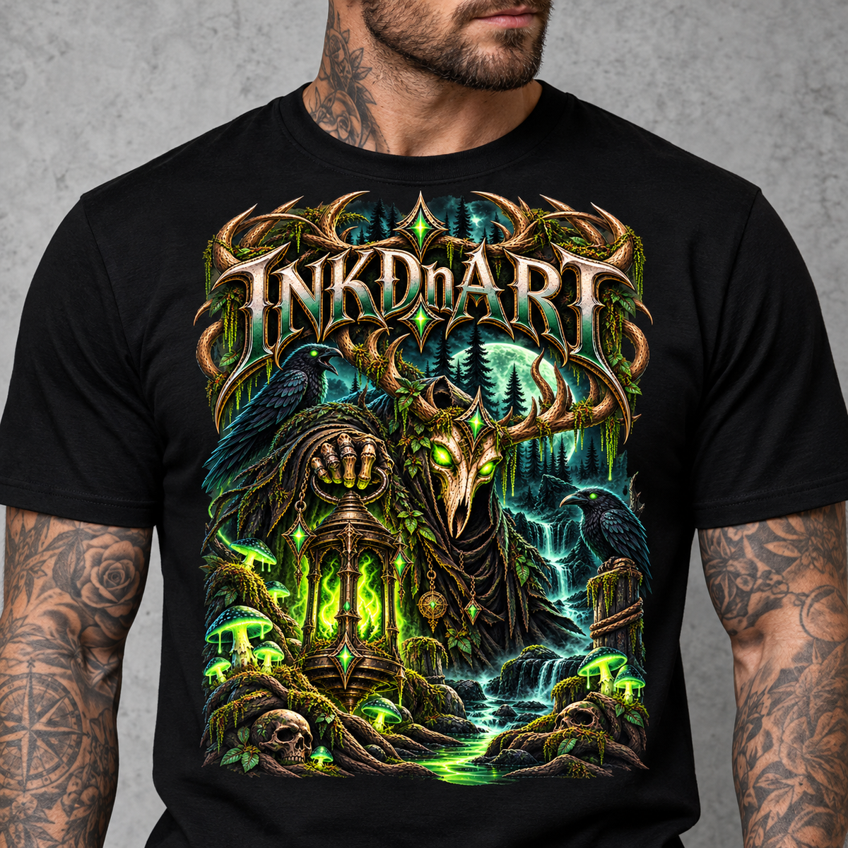 Neon Green Stag Shrine Tee – neon green stag shrine graphic tee, print on model, upper torso detail