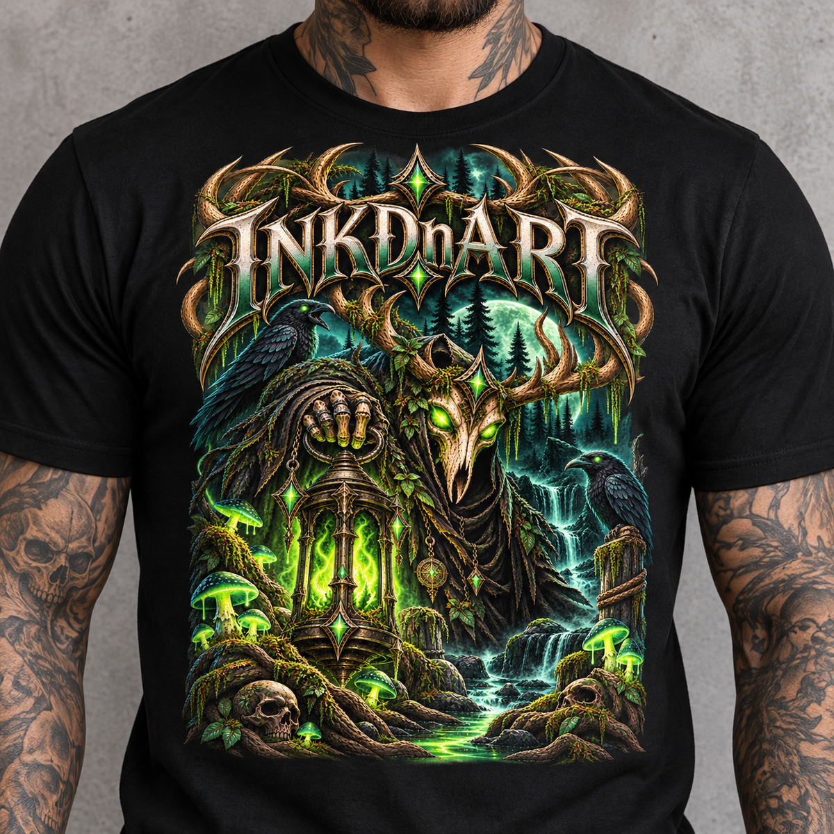 Neon Green Stag Shrine Tee – neon green stag shrine graphic tee, print close-up