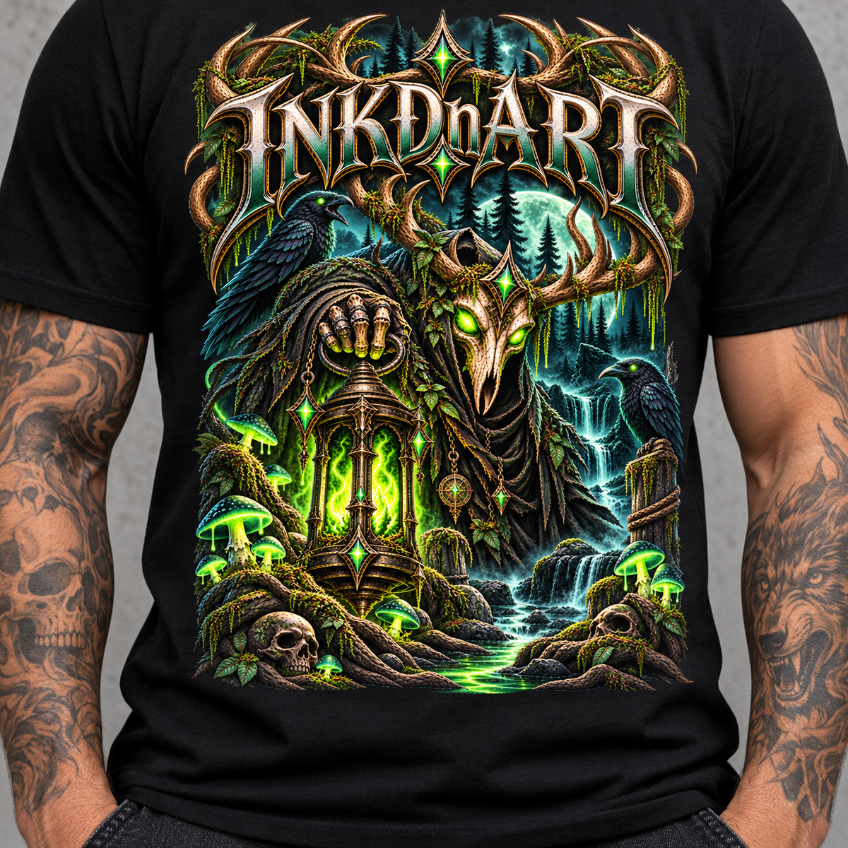 Neon Green Stag Shrine Tee – neon green stag shrine graphic tee, lower print detail