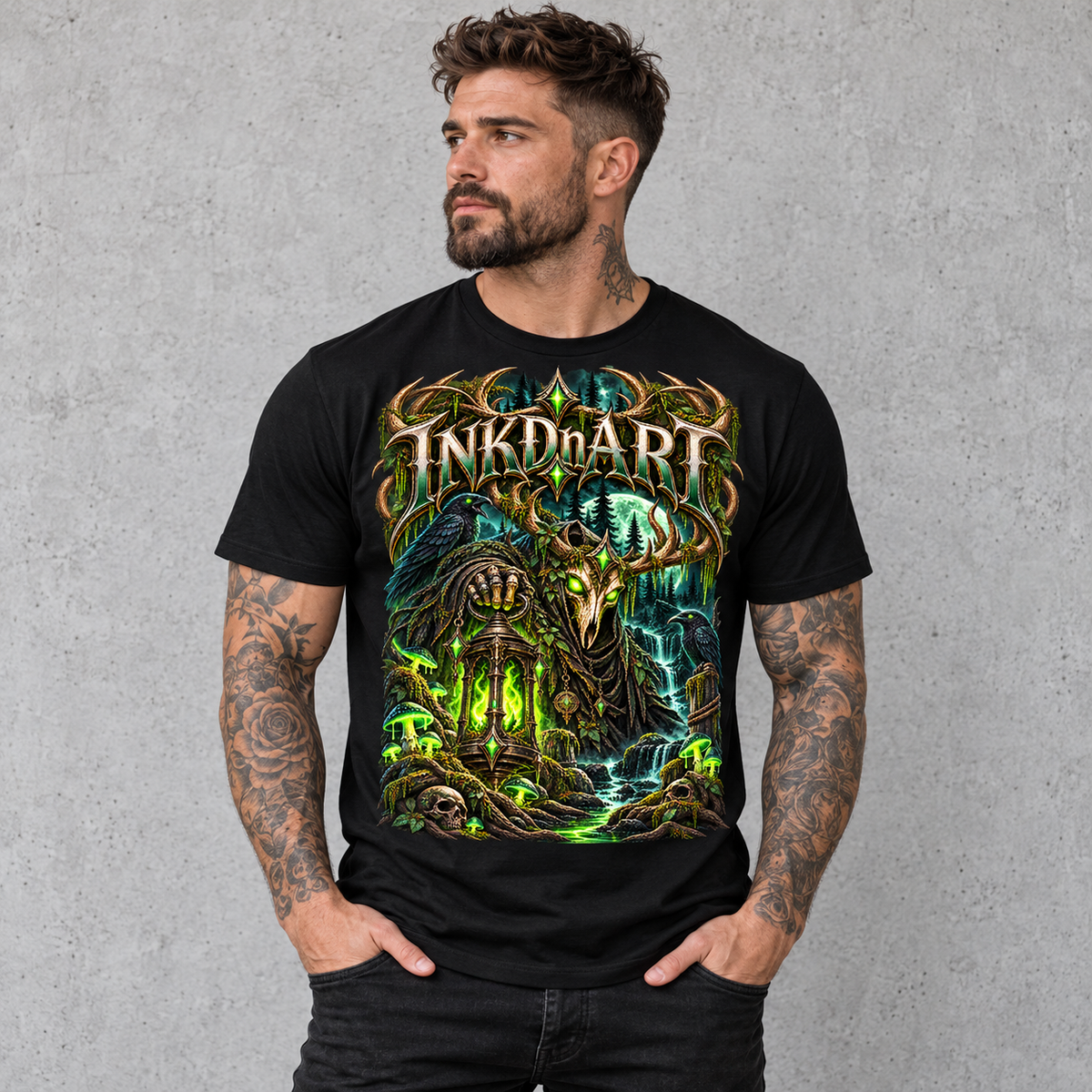 Neon Green Stag Shrine Tee – neon green stag shrine graphic tee, full model view on gray background
