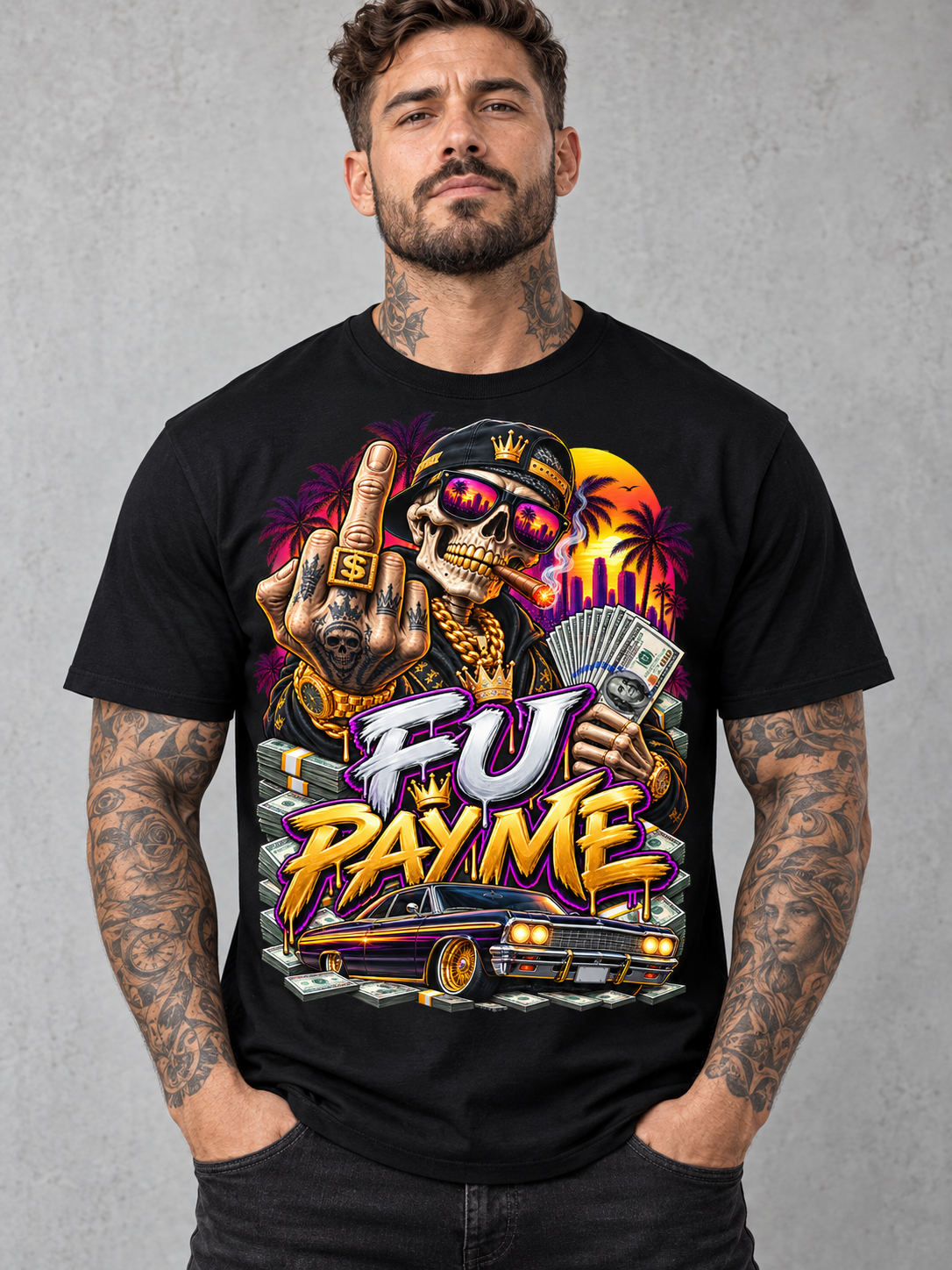 Pay Me Tee – cash-and-sunglasses statement graphic tee, front model mockup on gray background