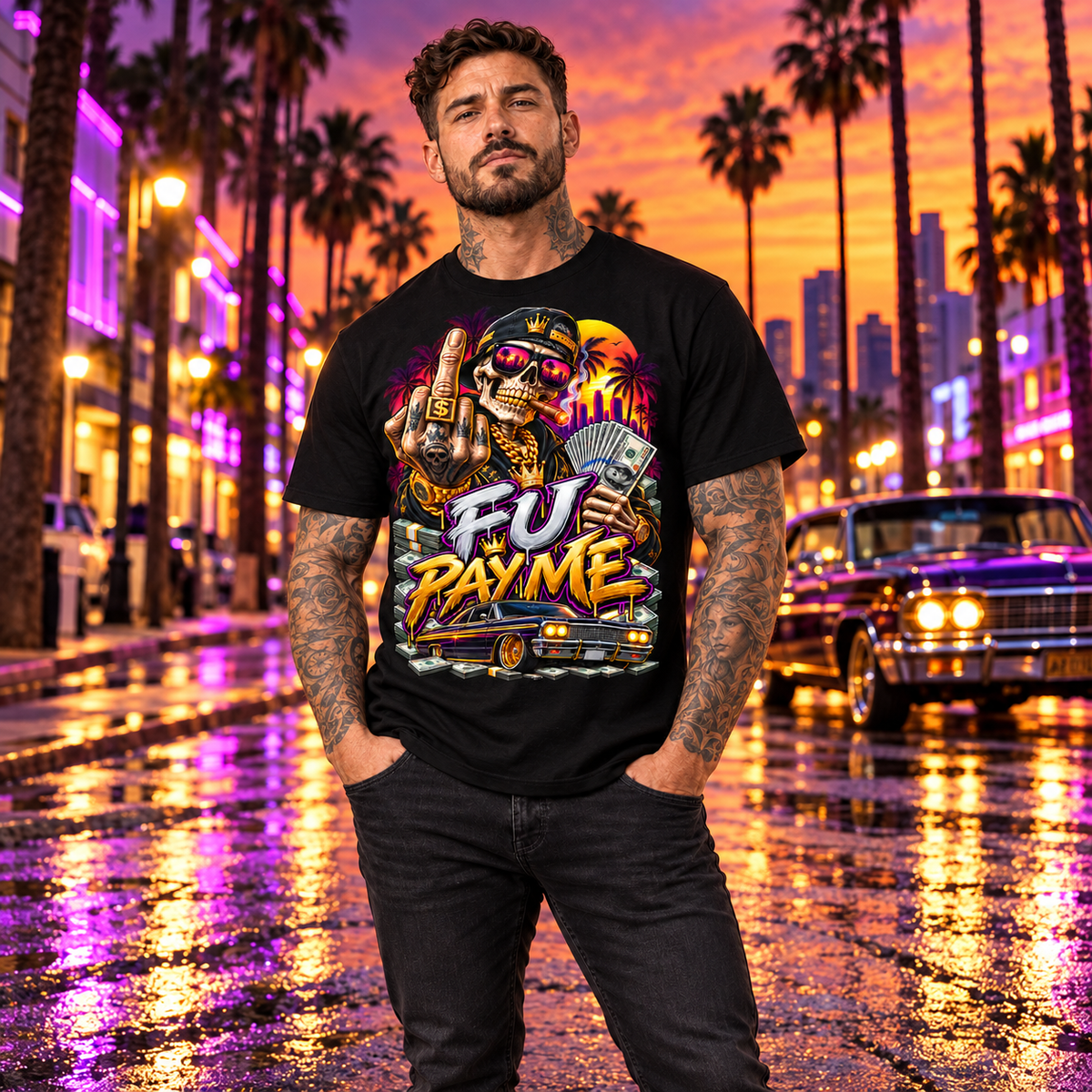 Pay Me Tee – cash-and-sunglasses statement graphic tee, wide lifestyle view on a neon palm-tree street