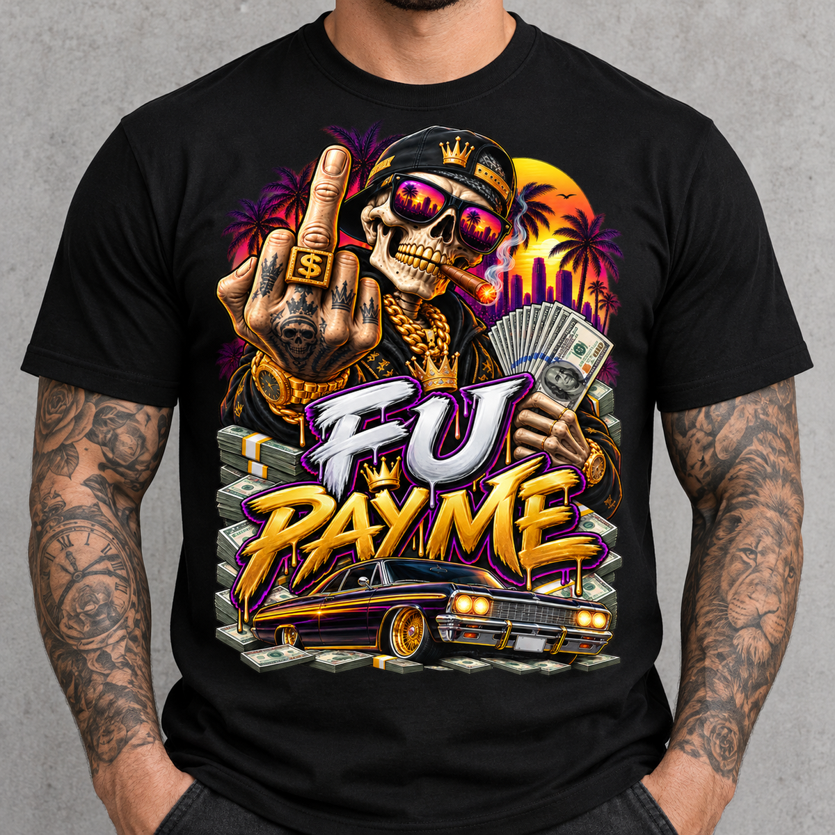 Pay Me Tee – cash-and-sunglasses statement graphic tee, print on model, torso view