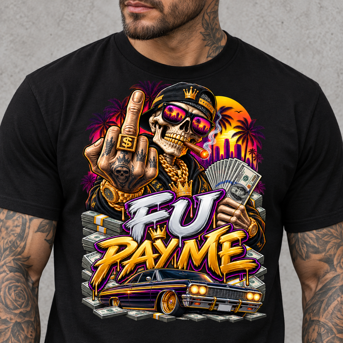 Pay Me Tee – cash-and-sunglasses statement graphic tee, print on model, upper torso detail