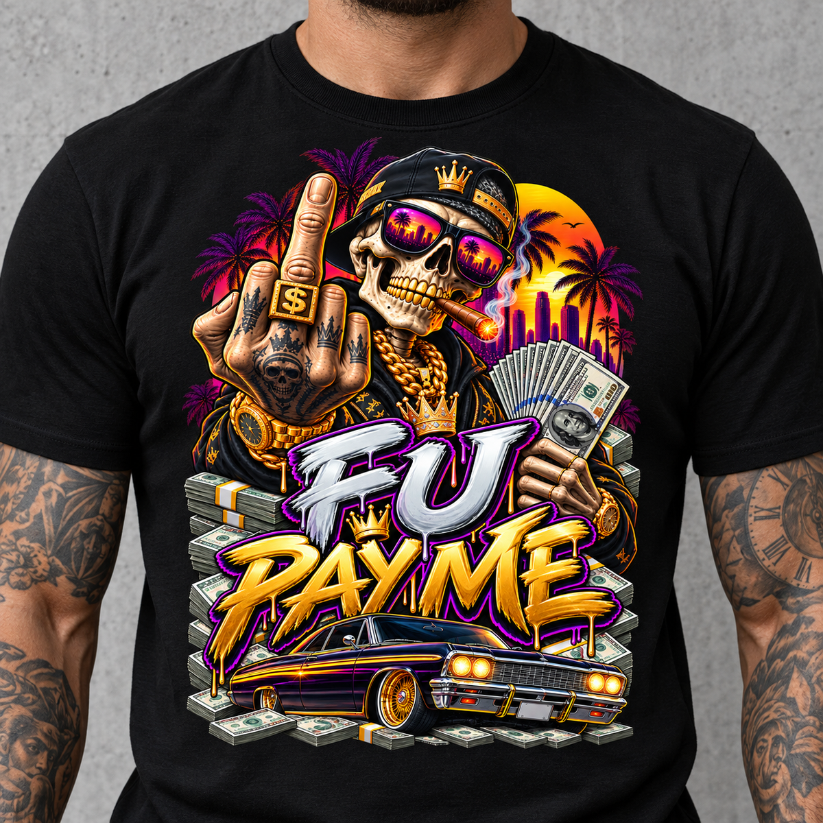 Pay Me Tee – cash-and-sunglasses statement graphic tee, print close-up