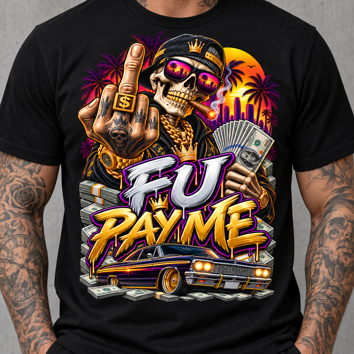 Pay Me Tee – cash-and-sunglasses statement graphic tee, lower print detail