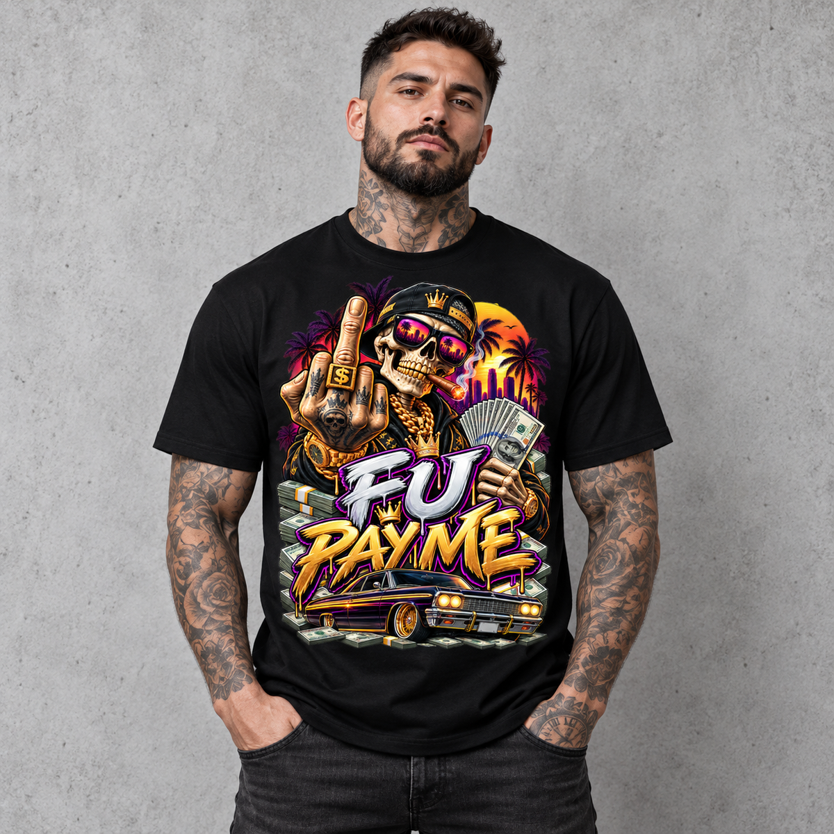 Pay Me Tee – cash-and-sunglasses statement graphic tee, full model view on gray background
