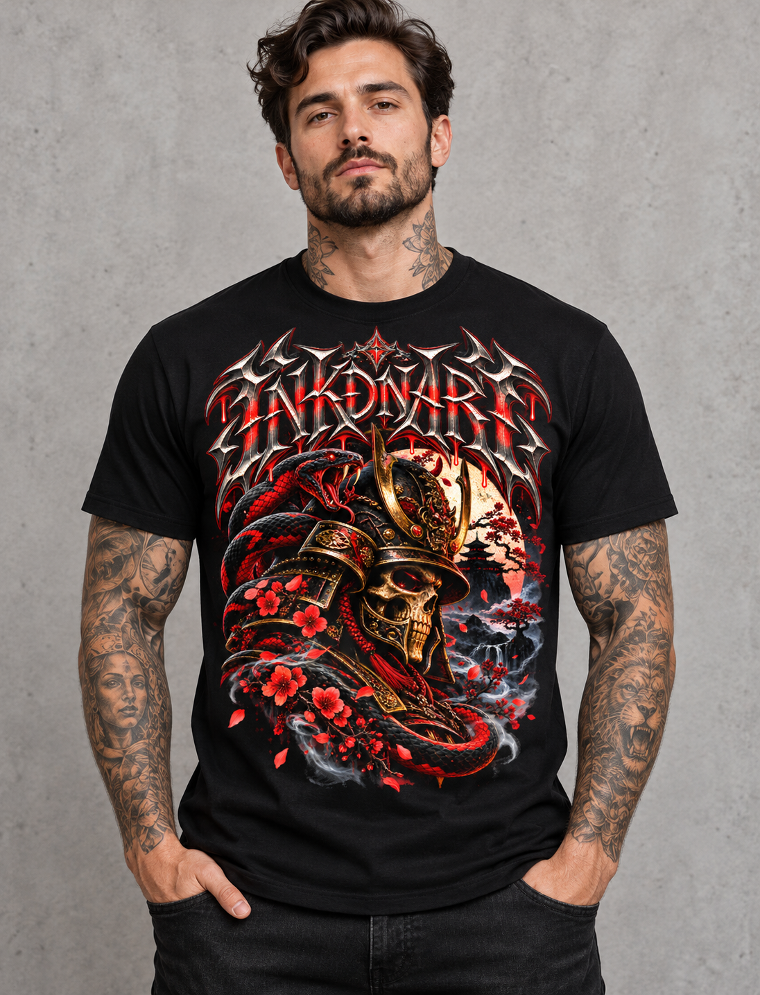 Red Samurai Tee – red samurai warrior graphic tee, front model mockup on gray background
