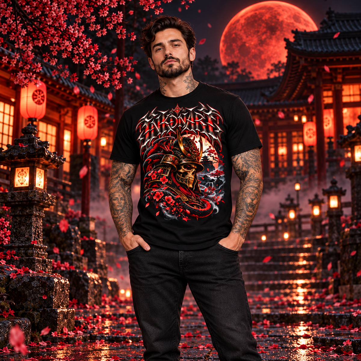 Red Samurai Tee – red samurai warrior graphic tee, wide lifestyle view on a rainy street under a red moon