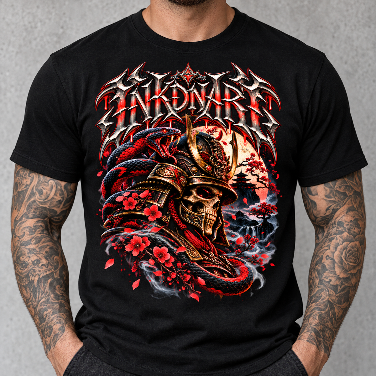 Red Samurai Tee – red samurai warrior graphic tee, print on model, torso view