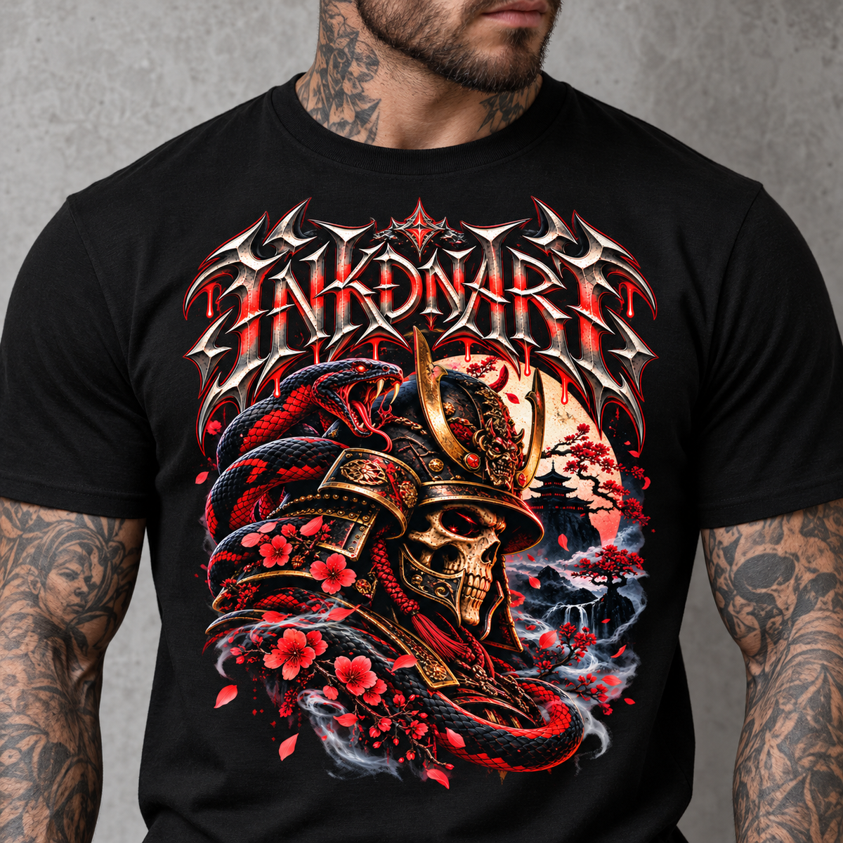 Red Samurai Tee – red samurai warrior graphic tee, print on model, upper torso detail