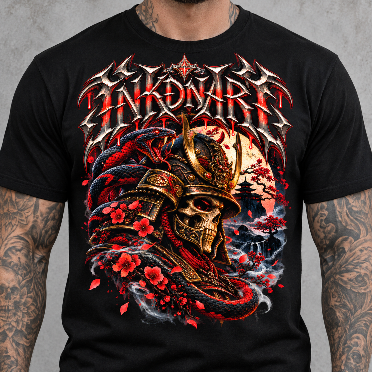 Red Samurai Tee – red samurai warrior graphic tee, print close-up
