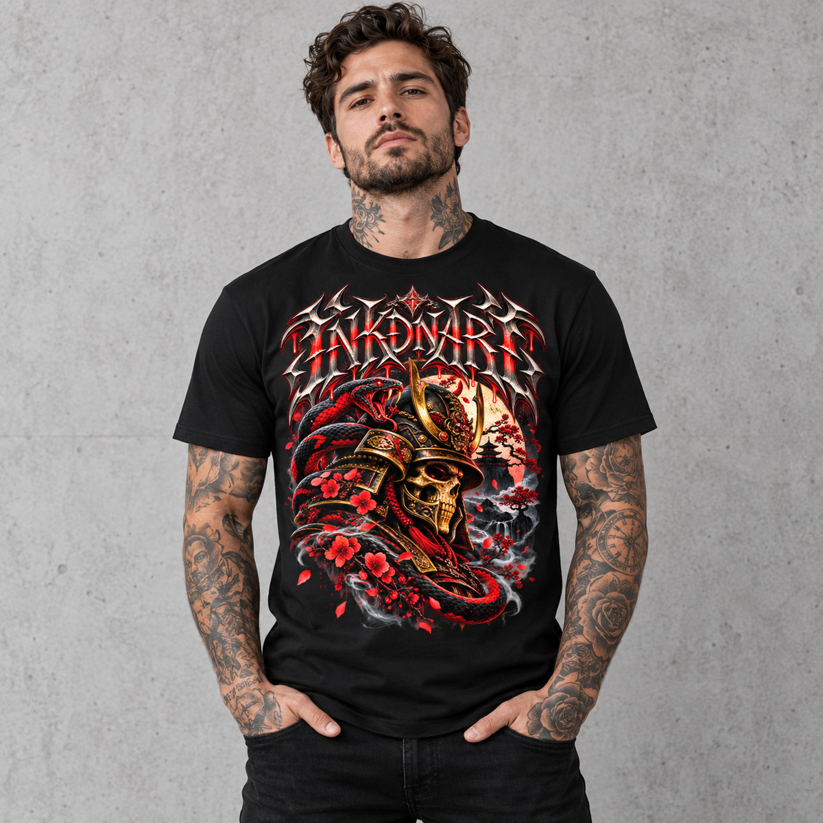 Red Samurai Tee – red samurai warrior graphic tee, full model view on gray background