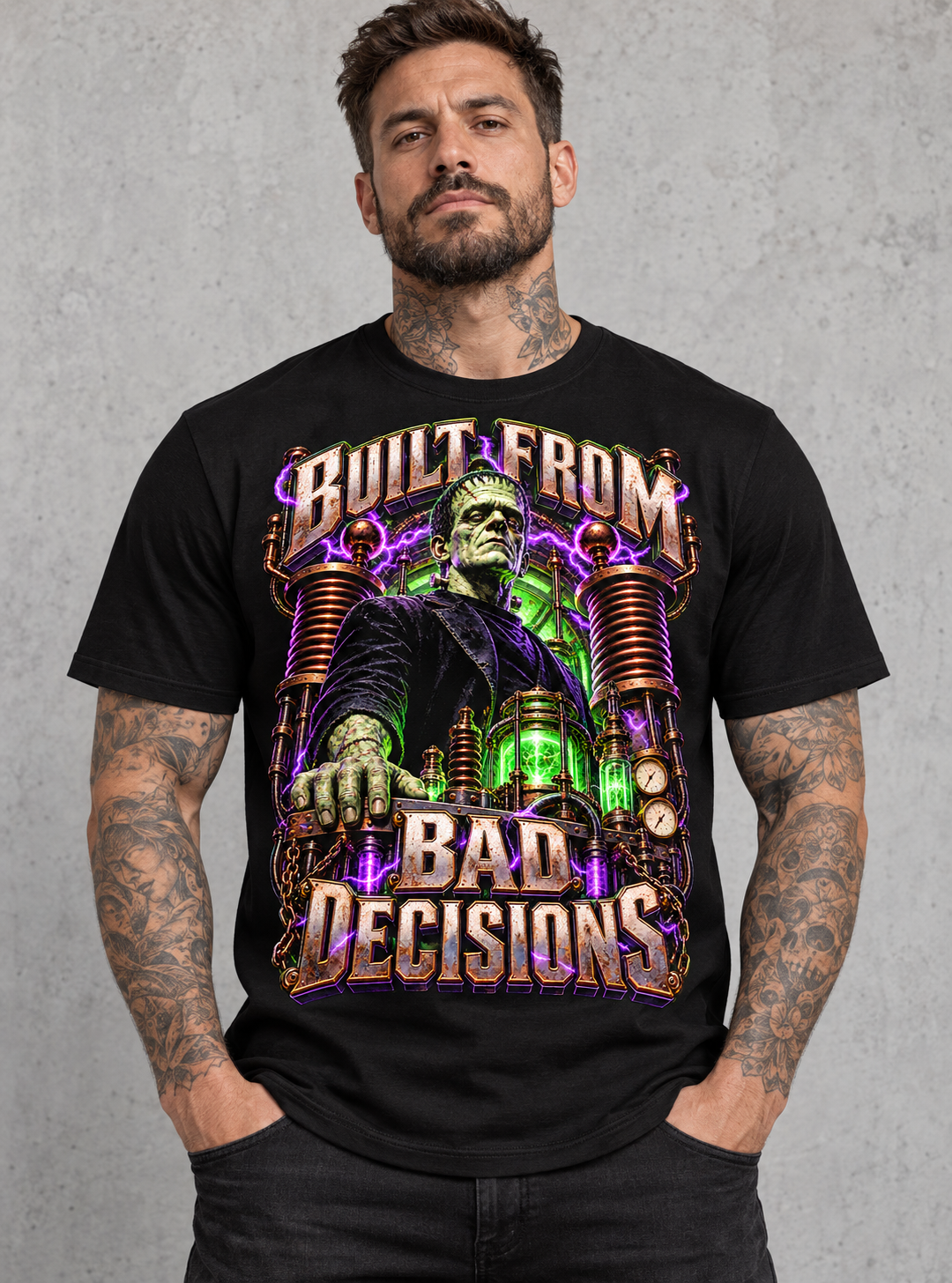 Built From Bad Decisions Tee – Frankenstein monster statement graphic tee, front model mockup on gray background