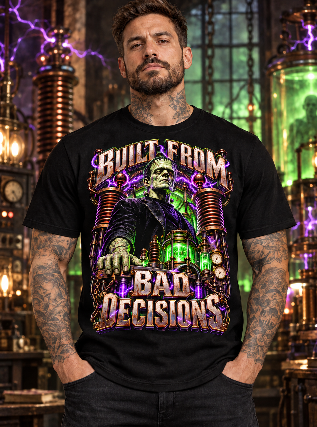 Built From Bad Decisions Tee – Frankenstein monster statement graphic tee, worn by model on a neon-lit street