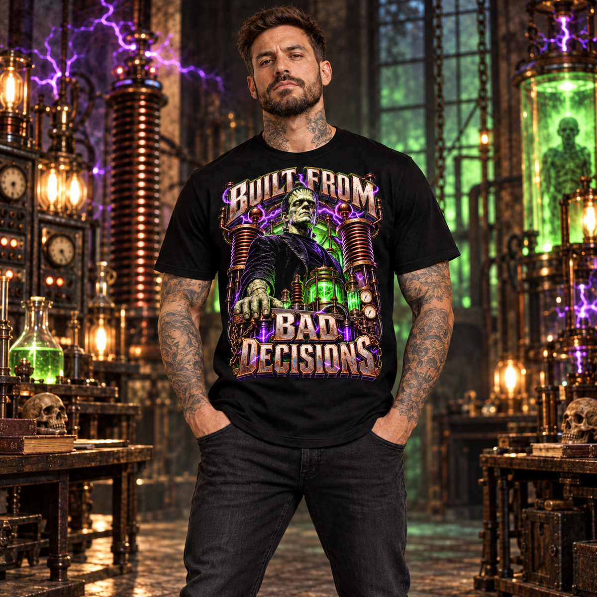 Built From Bad Decisions Tee – Frankenstein monster statement graphic tee, wide lifestyle view on a neon-lit street