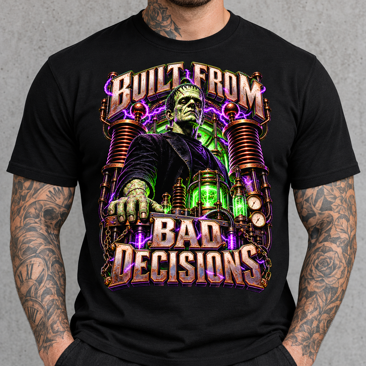 Built From Bad Decisions Tee – Frankenstein monster statement graphic tee, print on model, torso view