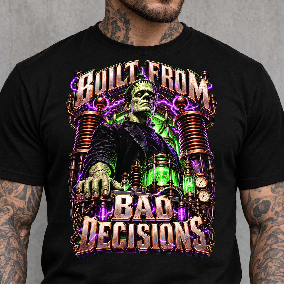 Built From Bad Decisions Tee – Frankenstein monster statement graphic tee, print on model, upper torso detail