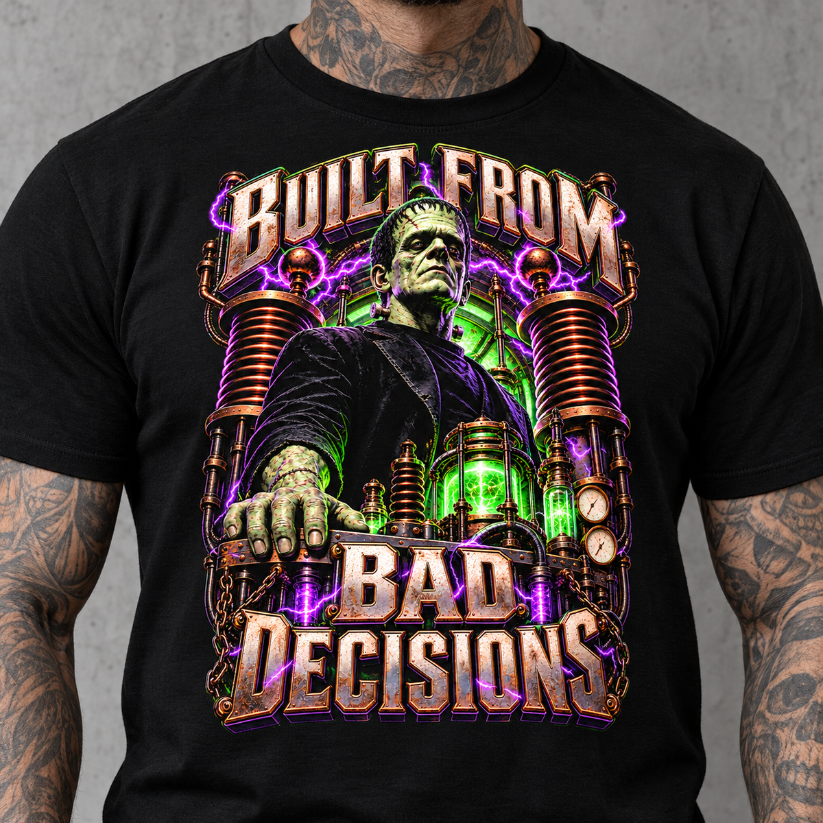Built From Bad Decisions Tee – Frankenstein monster statement graphic tee, print close-up