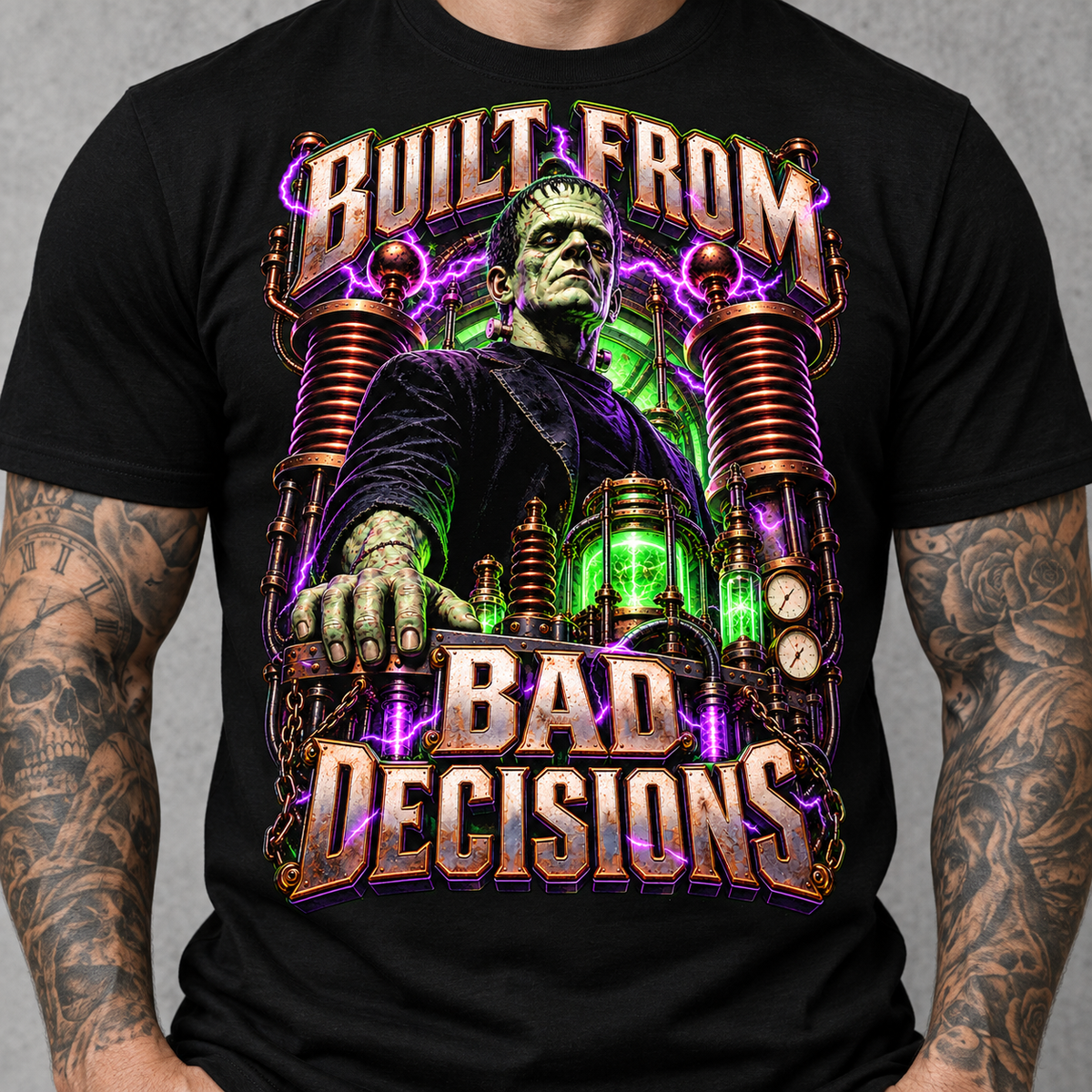 Built From Bad Decisions Tee – Frankenstein monster statement graphic tee, lower print detail