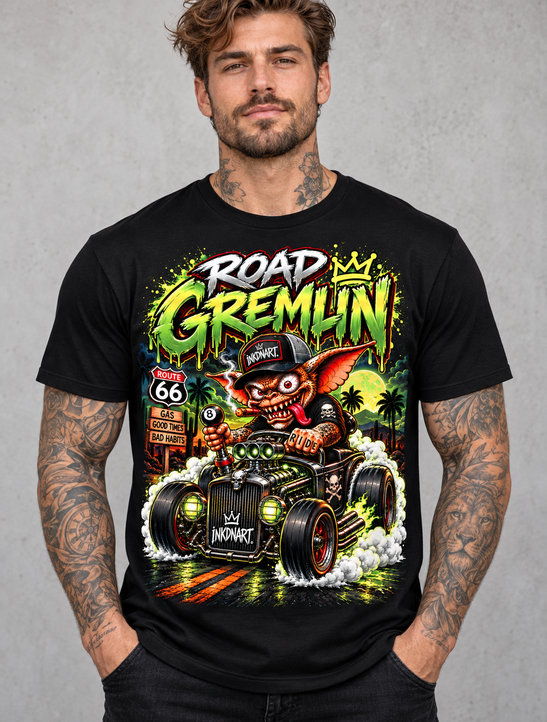 Road Gremlin Tee – hot rod gremlin rider graphic tee, front model mockup on gray background