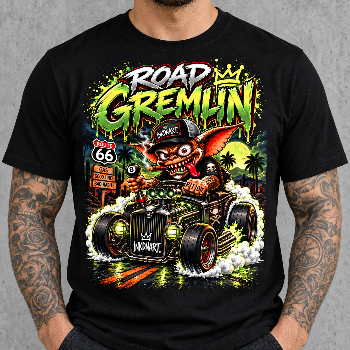 Road Gremlin Tee – hot rod gremlin rider graphic tee, print on model, torso view