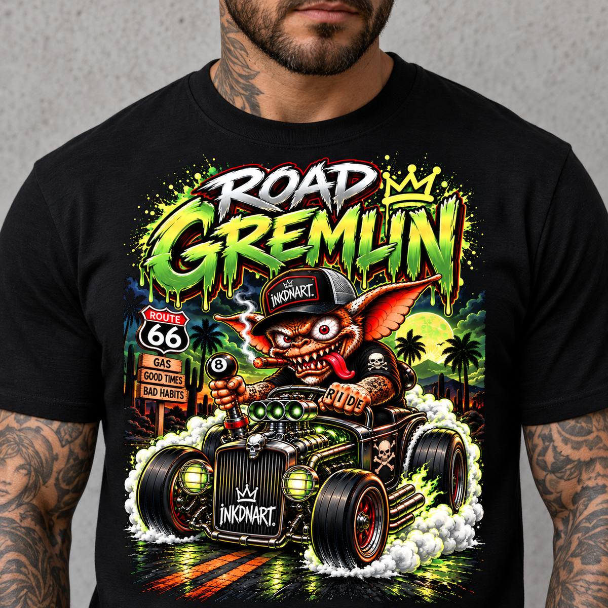 Road Gremlin Tee – hot rod gremlin rider graphic tee, print on model, upper torso detail