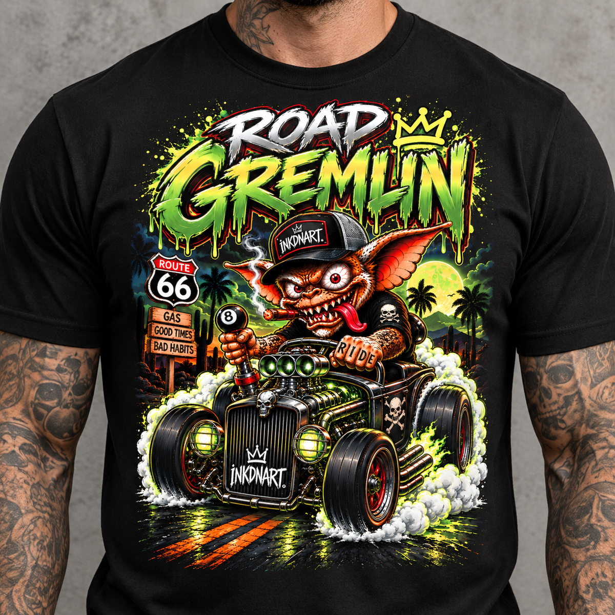 Road Gremlin Tee – hot rod gremlin rider graphic tee, print close-up
