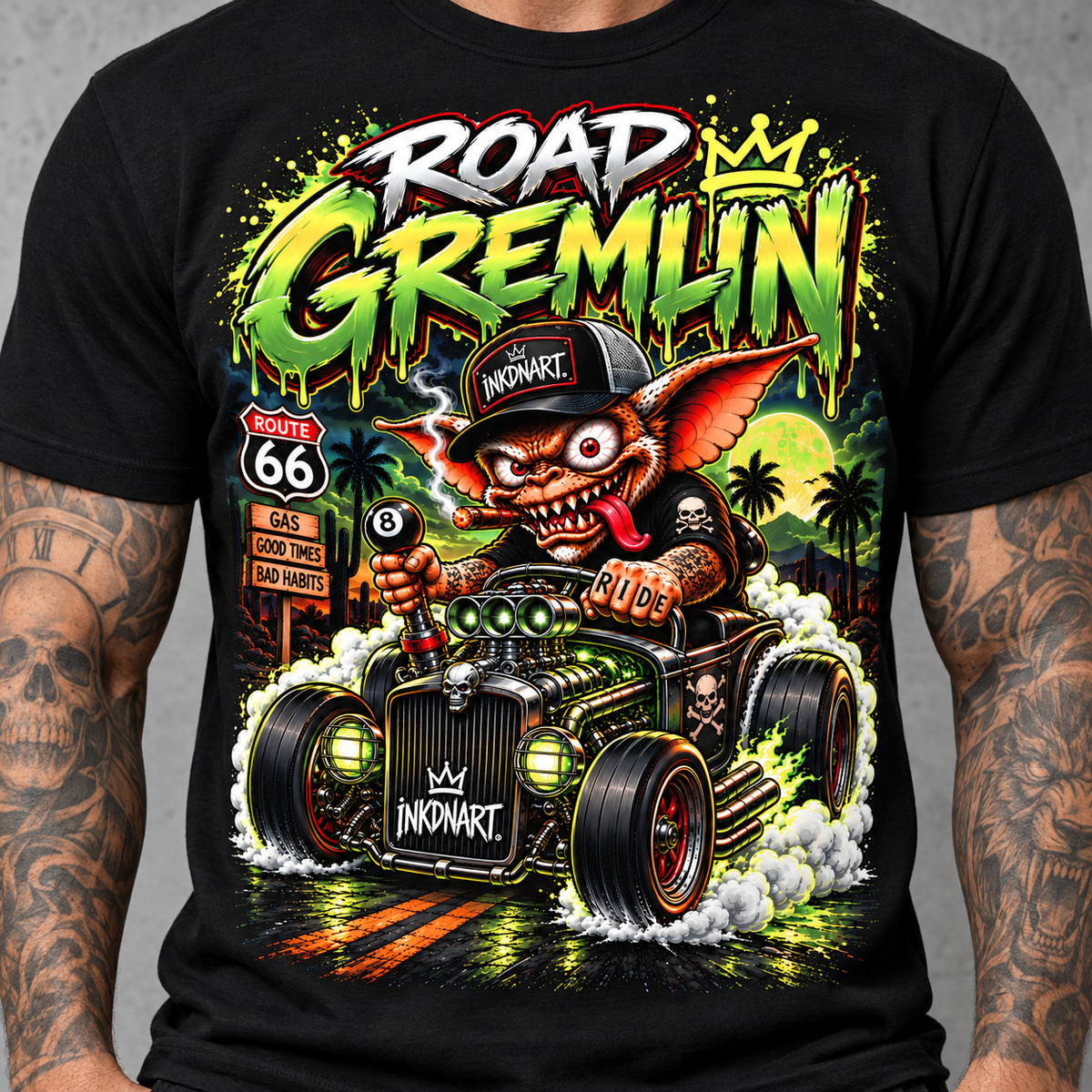Road Gremlin Tee – hot rod gremlin rider graphic tee, lower print detail