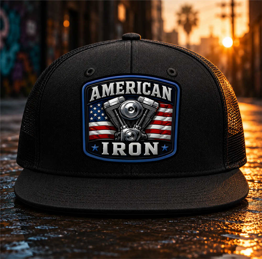 American Iron Patch Hat – V-twin and American flag patch black flatbill trucker hat, front view