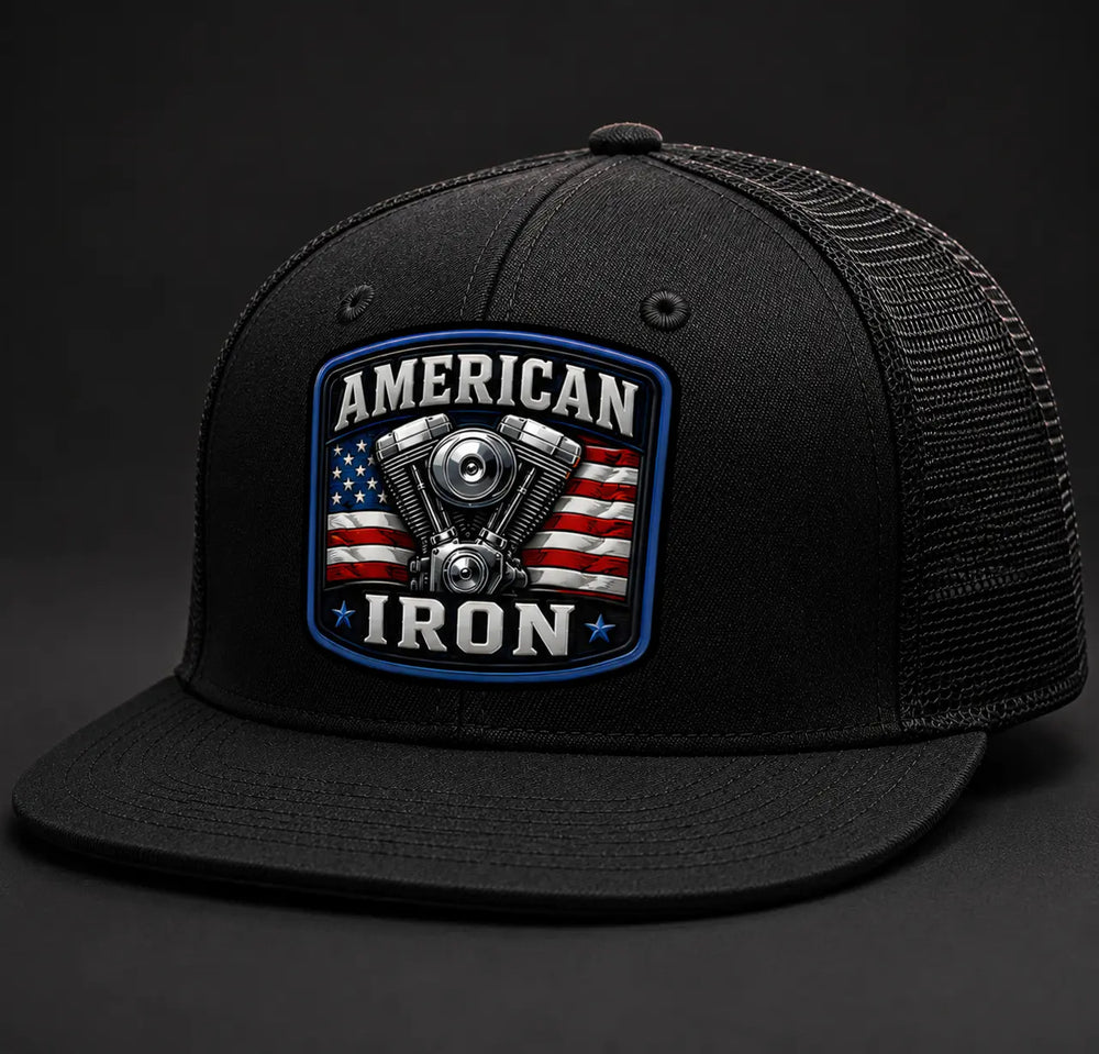 American Iron Patch Hat – V-twin and American flag patch black flatbill trucker hat, side profile