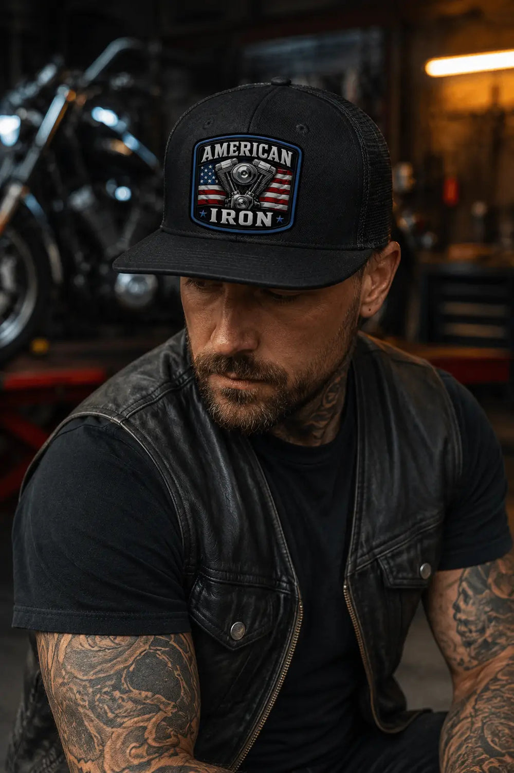 American Iron Patch Hat – V-twin and American flag patch black flatbill trucker hat, three-quarter lifestyle view