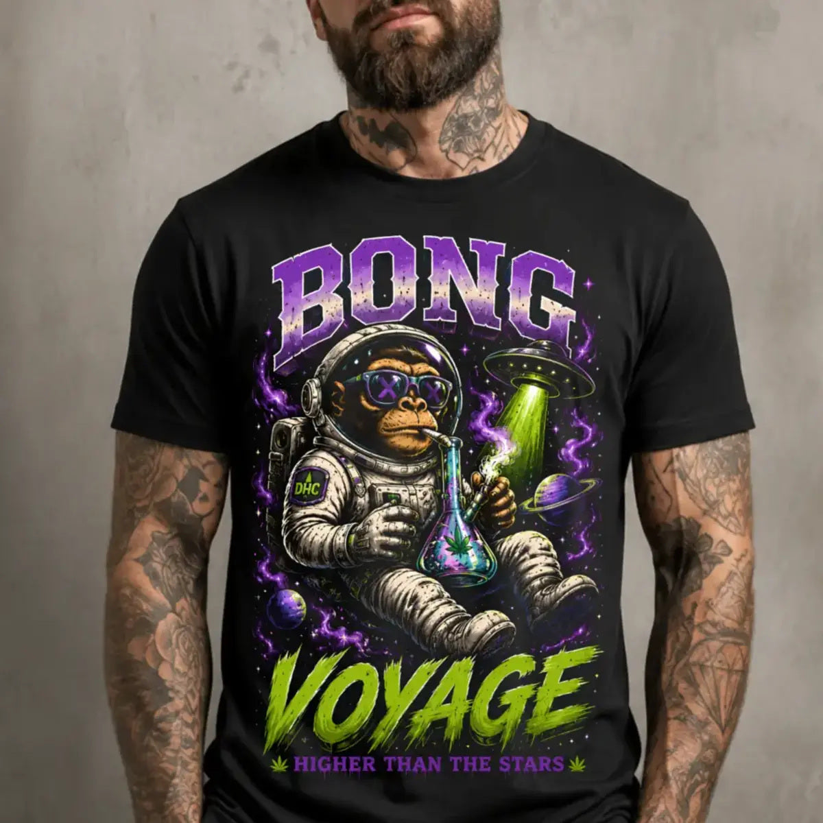 Bong Voyage Tee – purple and lime cosmic ape astronaut graphic tee, print on model, front close-up